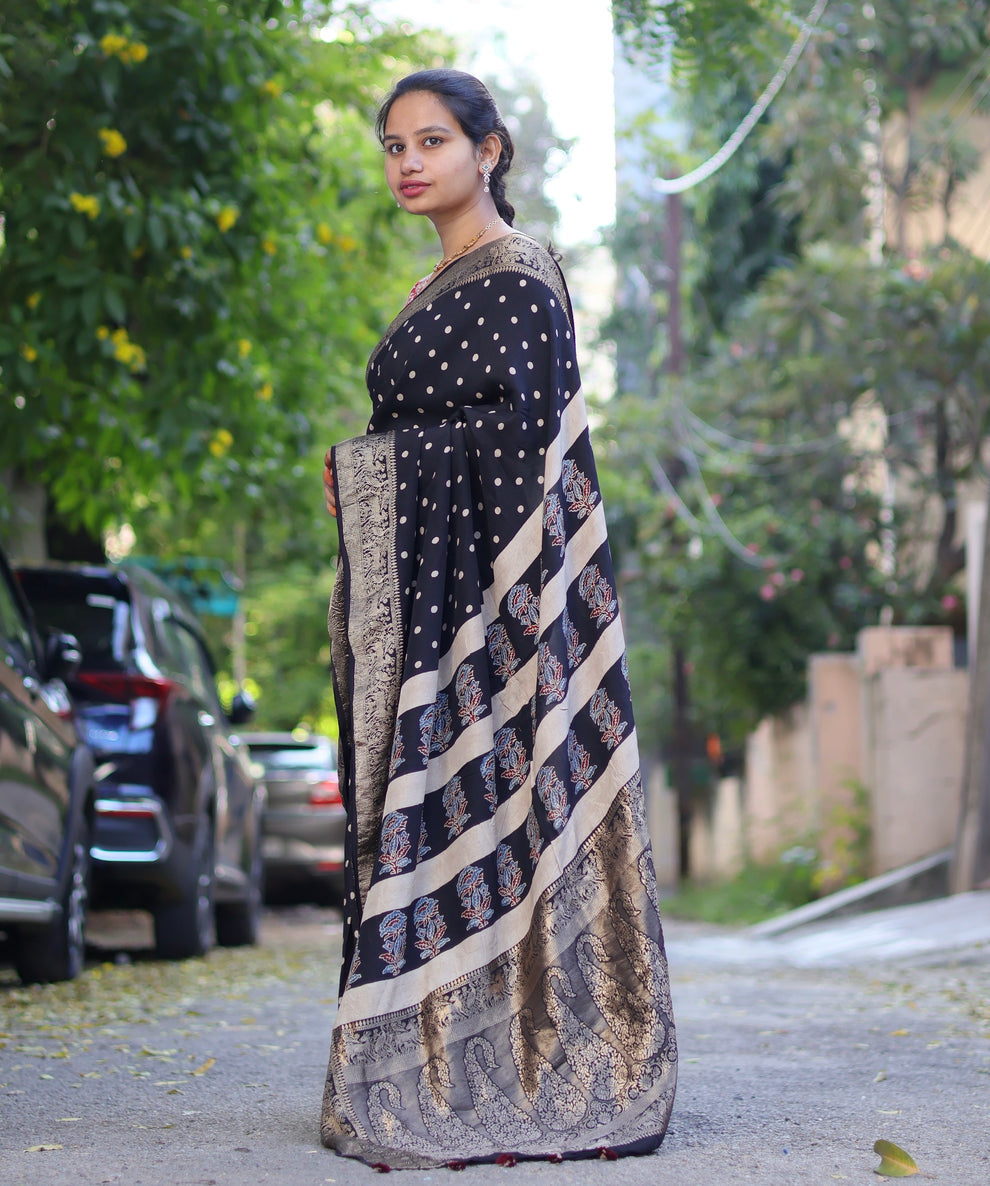 BLACK AJRAKH MODAL SILK SAREE