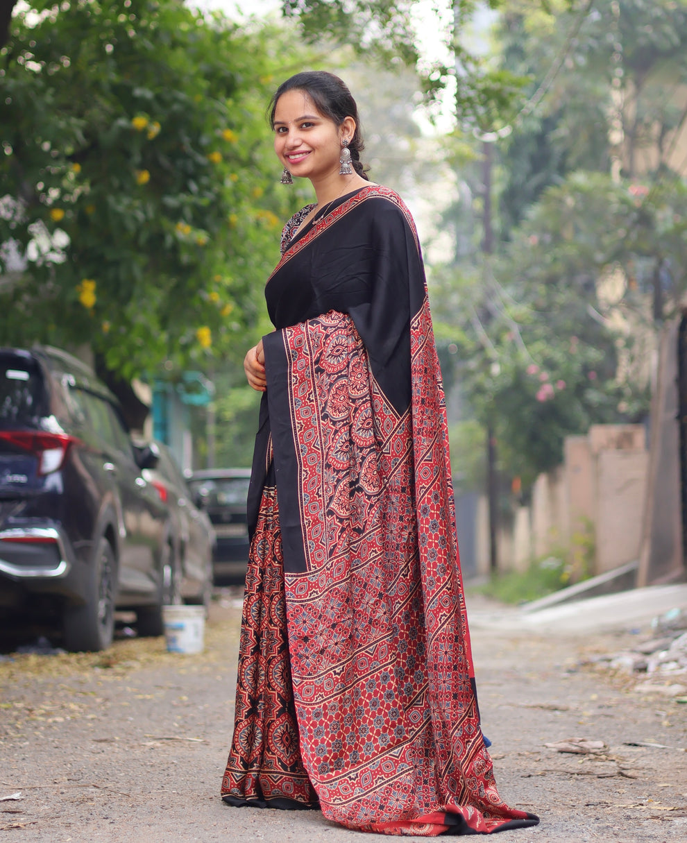 BLACK RED AJRAKH MODAL SILK SAREE