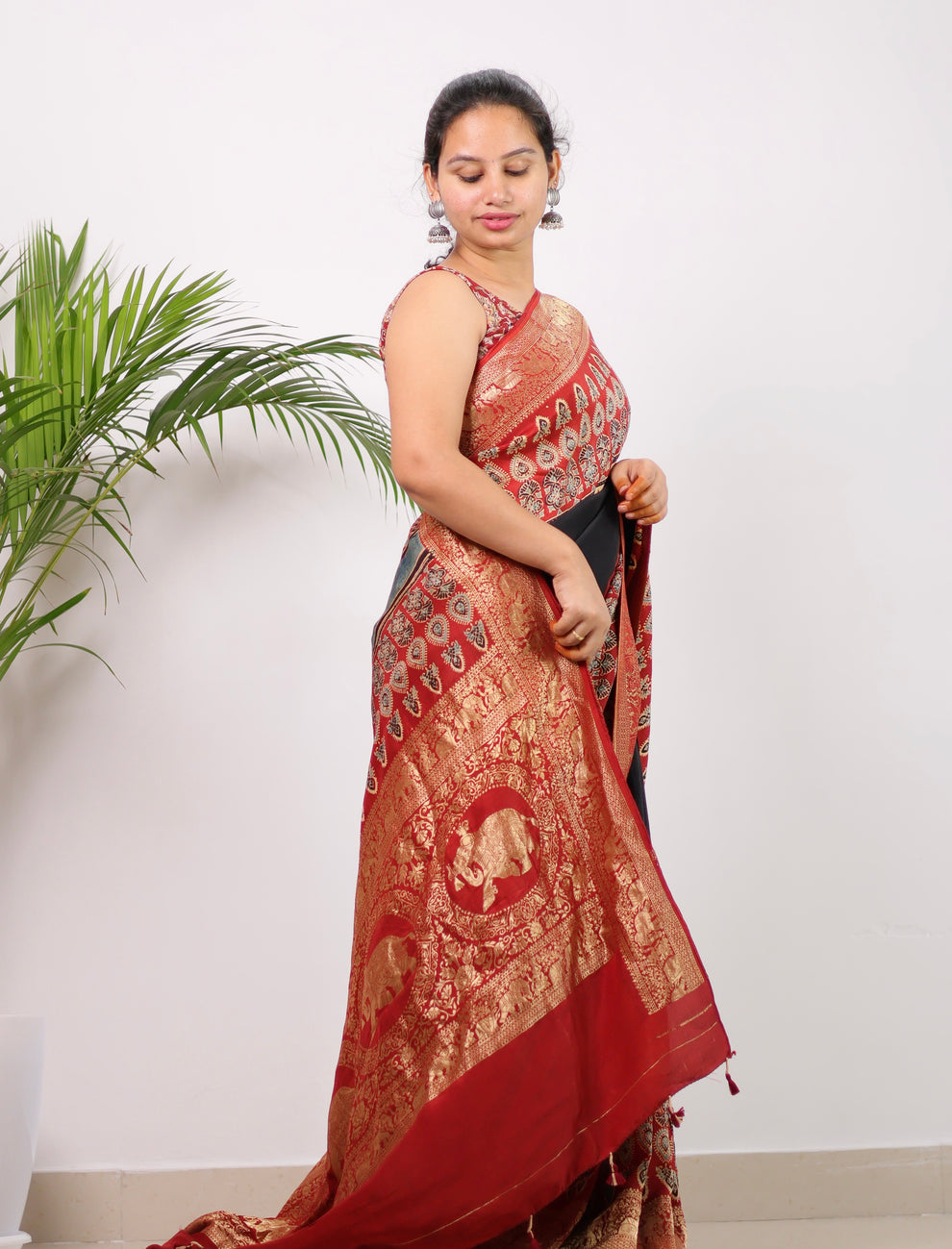 RED BLACK AJRAKH MODAL SILK SAREE