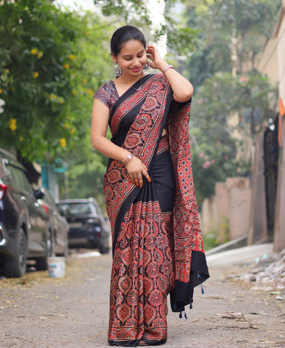 BLACK RED AJRAKH MODAL SILK SAREE