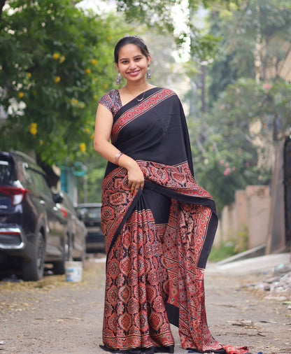 BLACK RED AJRAKH MODAL SILK SAREE