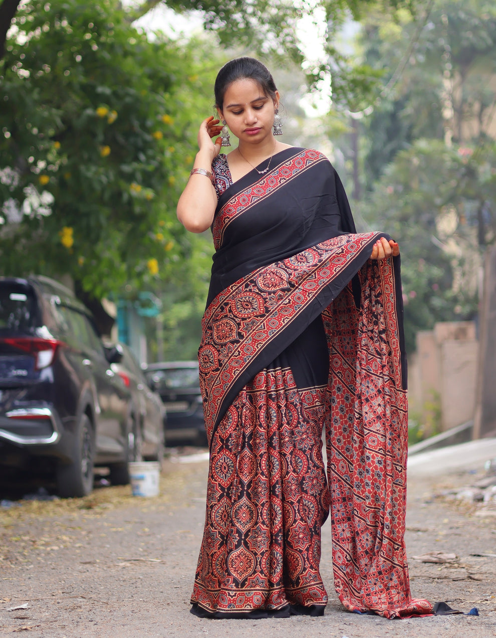 BLACK RED AJRAKH MODAL SILK SAREE