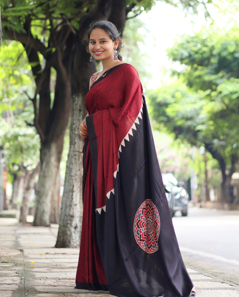 RED BLACK AJRAKH MODAL SILK SAREE