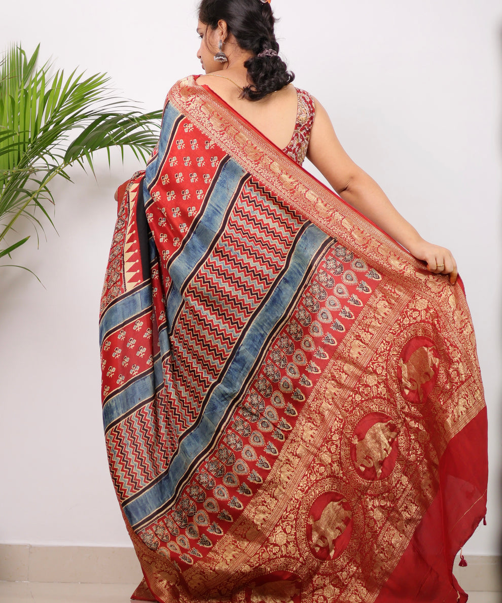 RED BLACK AJRAKH MODAL SILK SAREE