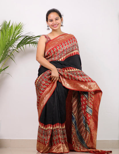 RED BLACK AJRAKH MODAL SILK SAREE