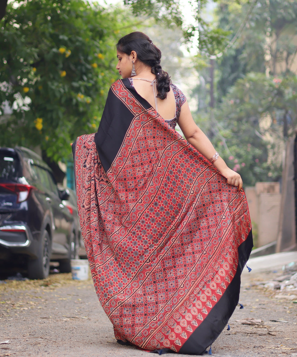 BLACK RED AJRAKH MODAL SILK SAREE