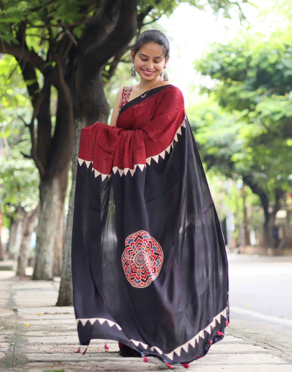 RED BLACK AJRAKH MODAL SILK SAREE