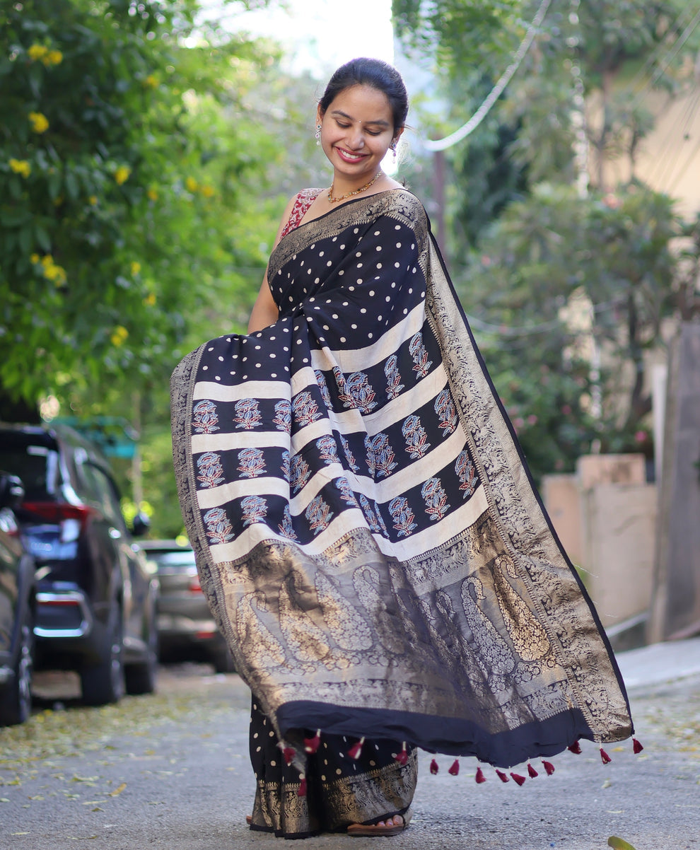 BLACK AJRAKH MODAL SILK SAREE