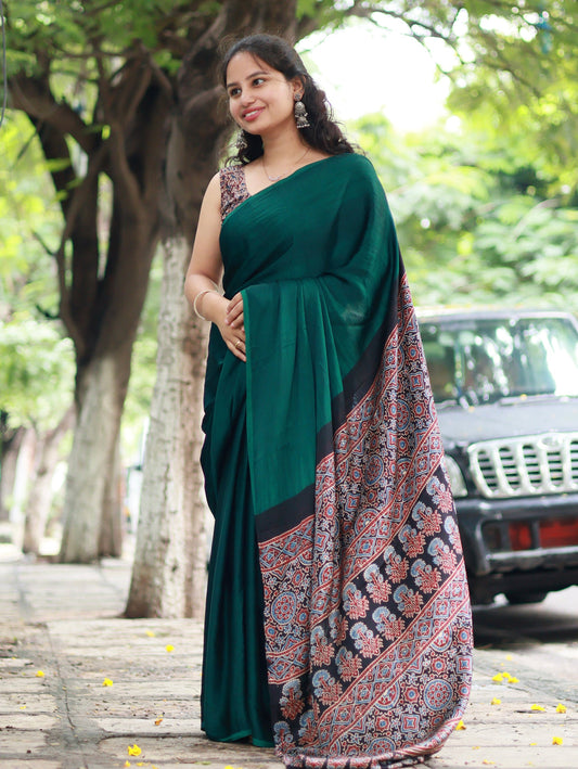 GREEN COLOR AJRAKH MODAL SILK SAREE