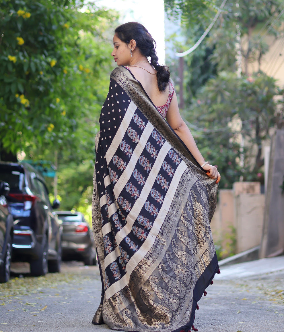 BLACK AJRAKH MODAL SILK SAREE