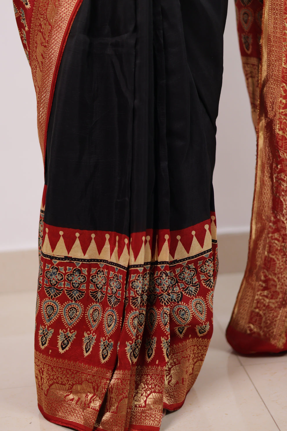 RED BLACK AJRAKH MODAL SILK SAREE