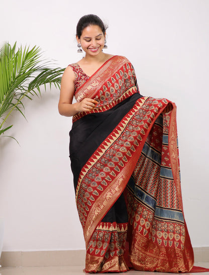 RED BLACK AJRAKH MODAL SILK SAREE