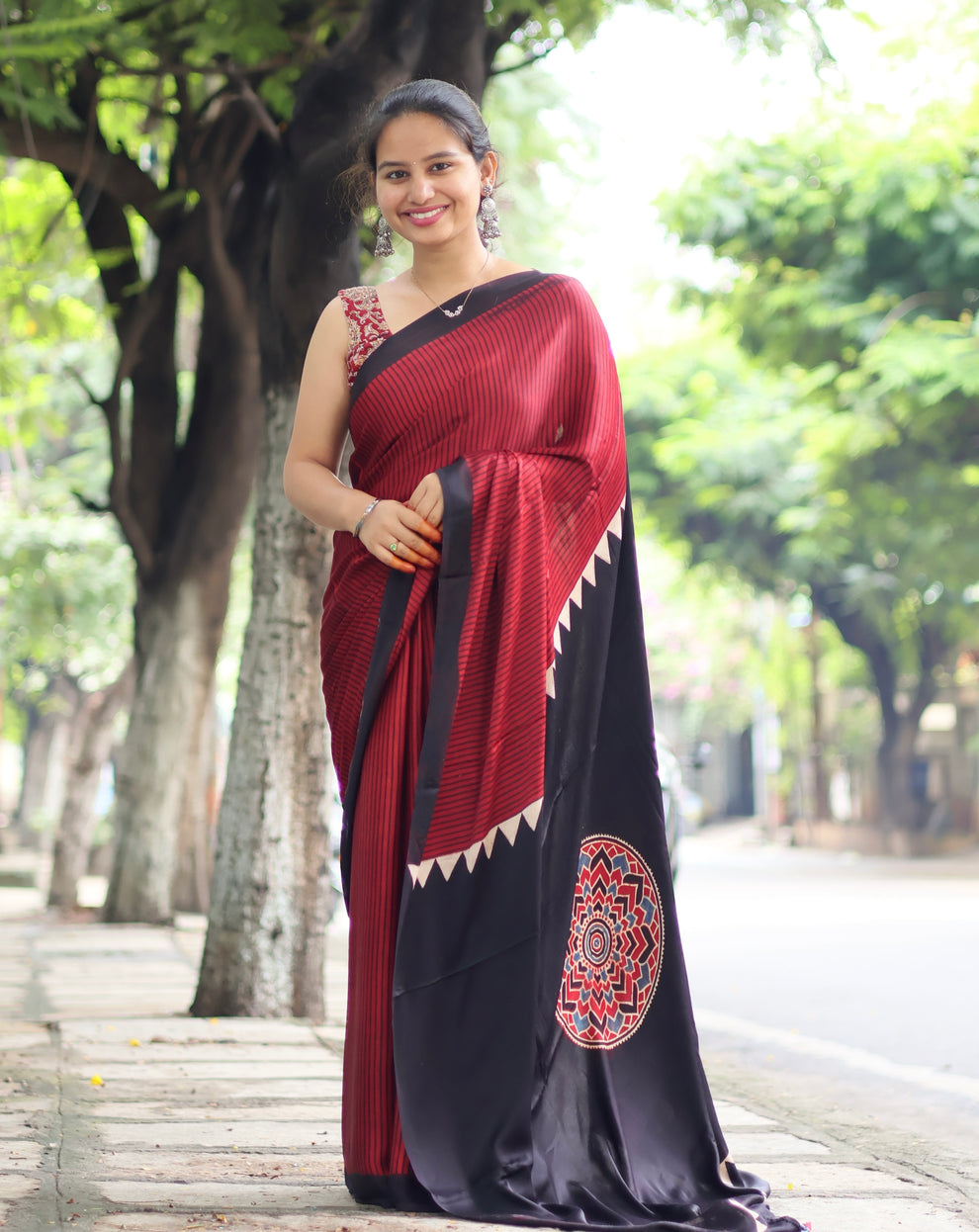 RED BLACK AJRAKH MODAL SILK SAREE