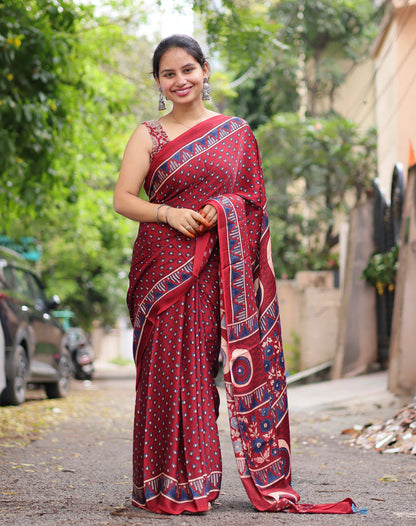 RED AJRAKH MODAL SILK SAREE