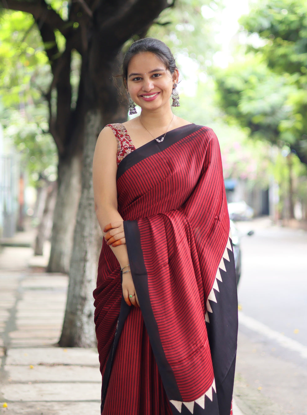 RED BLACK AJRAKH MODAL SILK SAREE