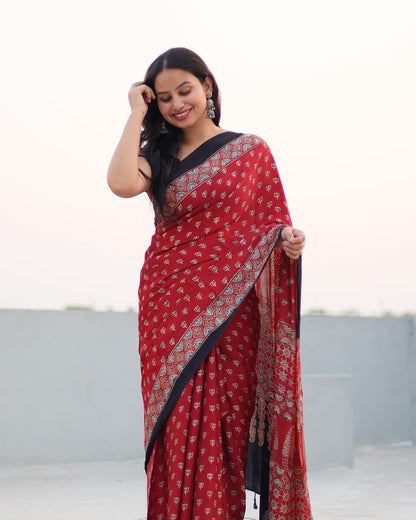 RED COLOR AJRAKH MODAL SILK SAREE