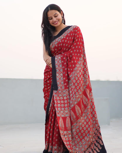 RED COLOR AJRAKH MODAL SILK SAREE