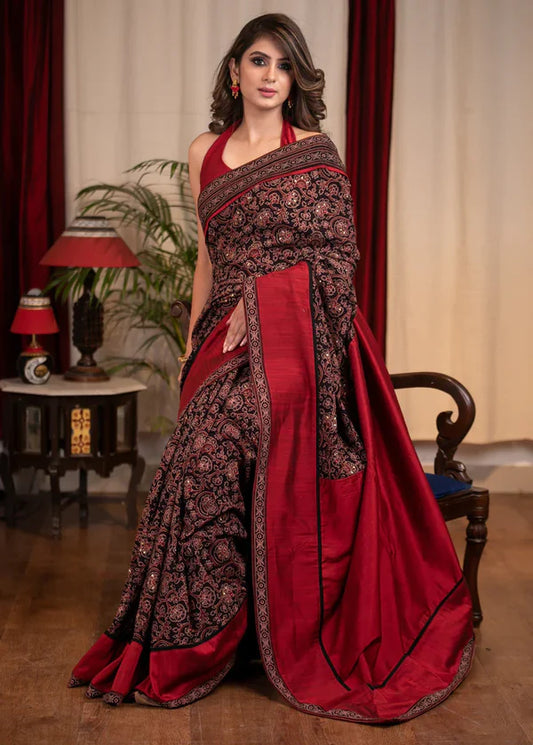 Traditional Multi Red color Kalamkari Printed Linen Saree