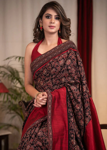 Traditional Multi Red color Kalamkari Printed Linen Saree