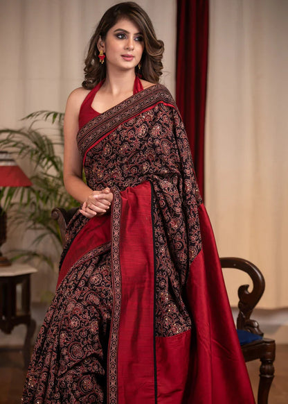 Traditional Multi Red color Kalamkari Printed Linen Saree