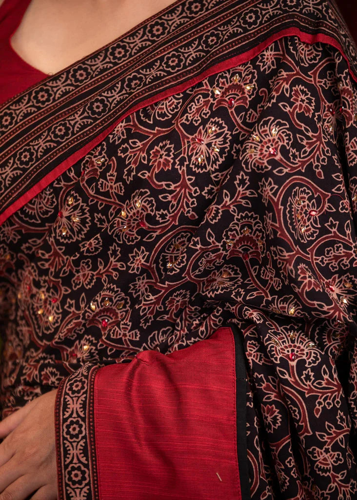 Traditional Multi Red color Kalamkari Printed Linen Saree