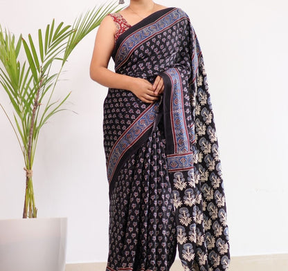 BLACK COLOR AJRAKH MODAL SILK SAREE