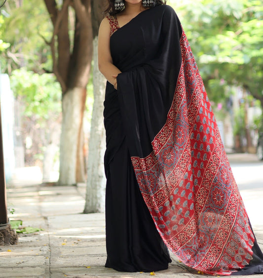 BLACK COLOR AJRAKH MODAL SILK SAREE