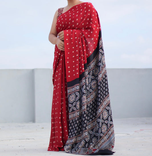 RED COLOR AJRAKH MODAL SILK SAREE