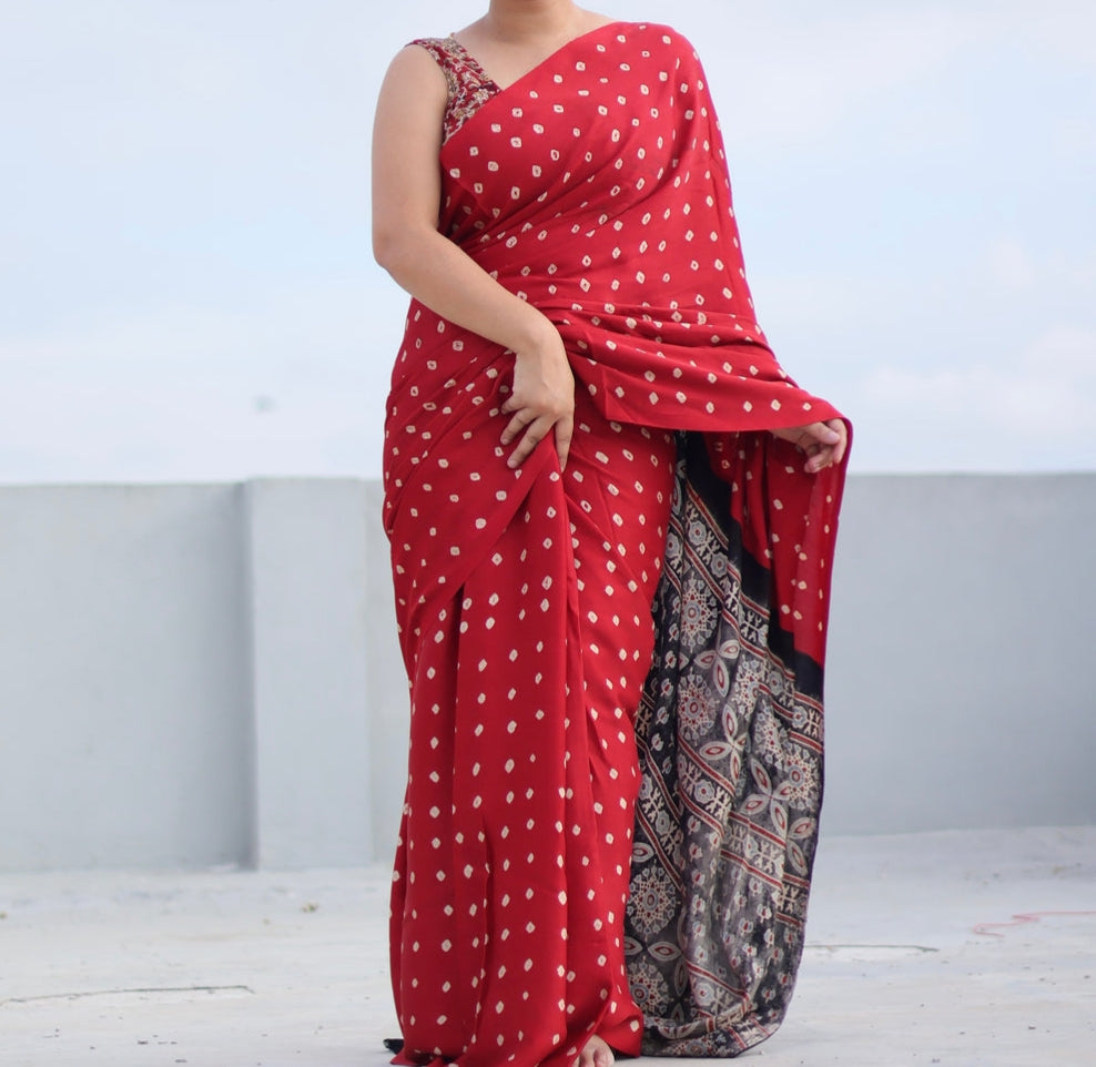 RED COLOR AJRAKH MODAL SILK SAREE