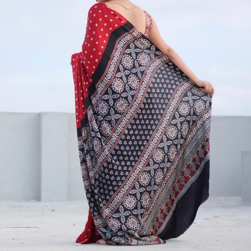 RED COLOR AJRAKH MODAL SILK SAREE