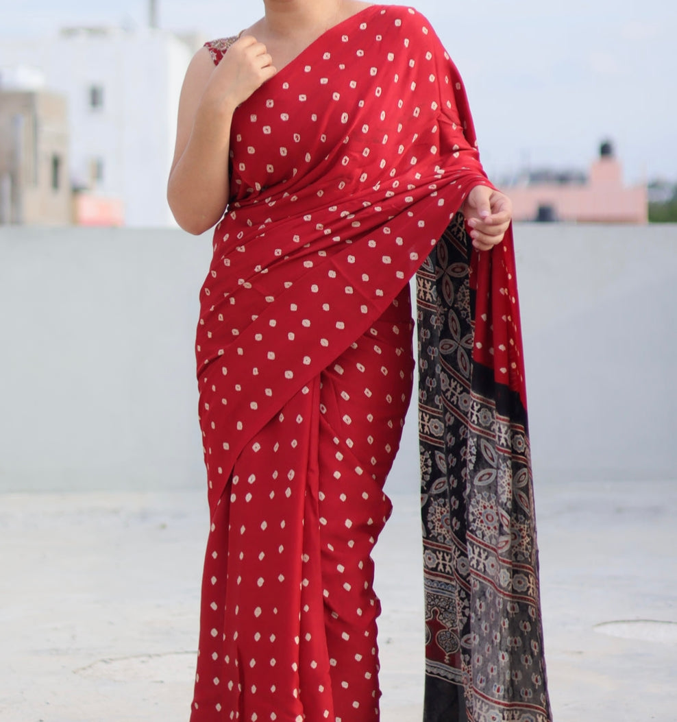 RED COLOR AJRAKH MODAL SILK SAREE