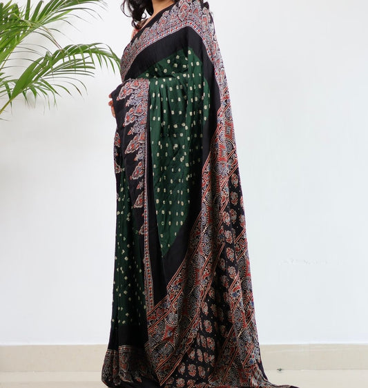 GREEN COLOR BANDHANI AJRAKH MODAL SILK SAREE