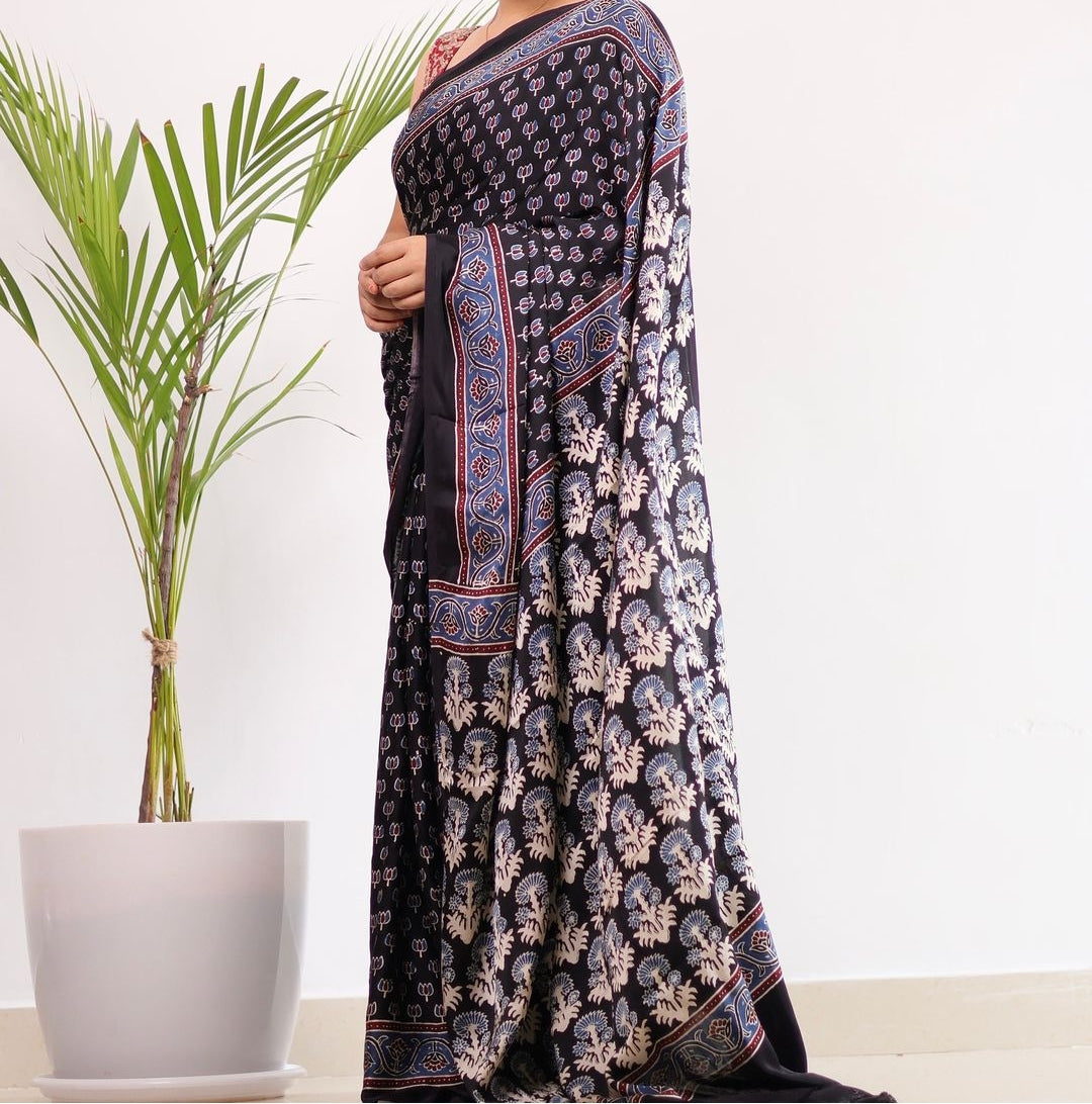 BLACK COLOR AJRAKH MODAL SILK SAREE