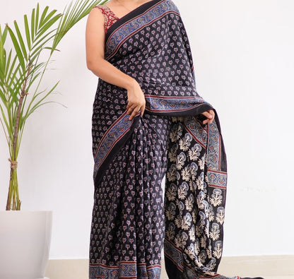 BLACK COLOR AJRAKH MODAL SILK SAREE