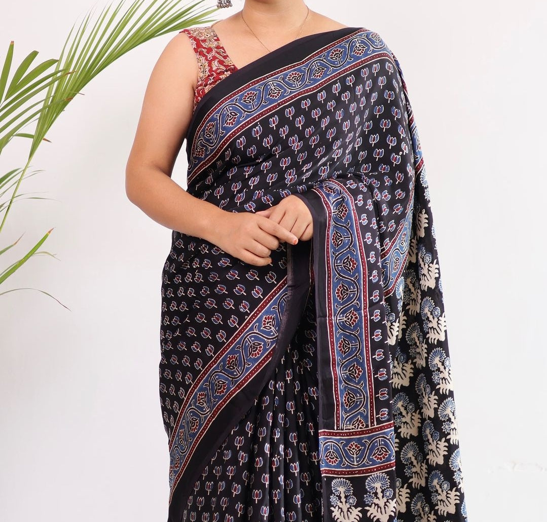 BLACK COLOR AJRAKH MODAL SILK SAREE