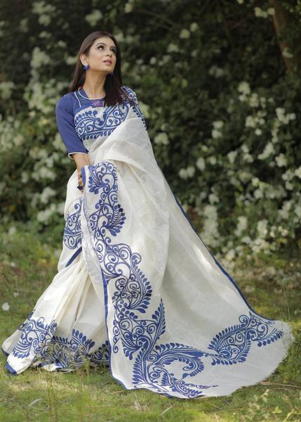 White And Blue Color Digital Printed Pure Linen Saree