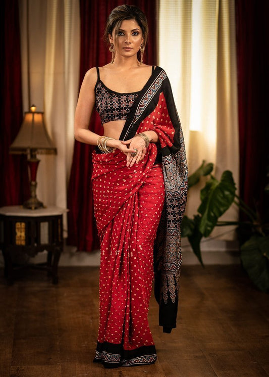 Exclusive Red Color Digital Printed Linen Saree