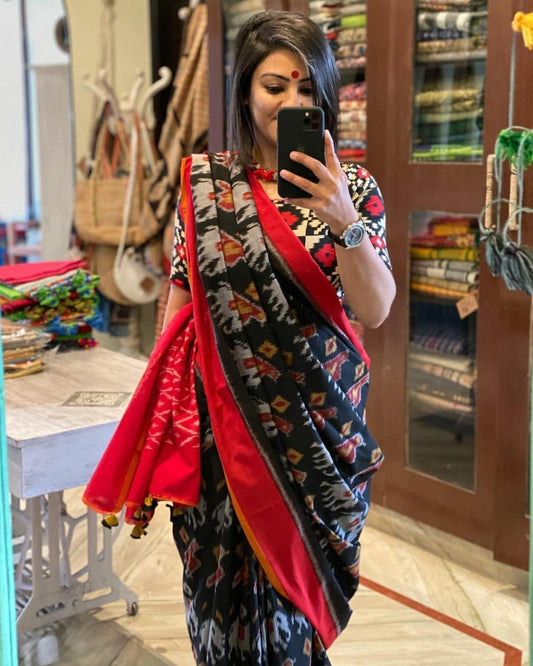 Black And RedColor Digital Printed Cotton linen Saree