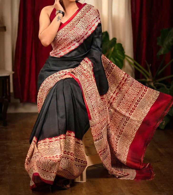 ATTRACATIVE BLACK RED COLOR  DIGITAL PRINTED LINEN SAREE