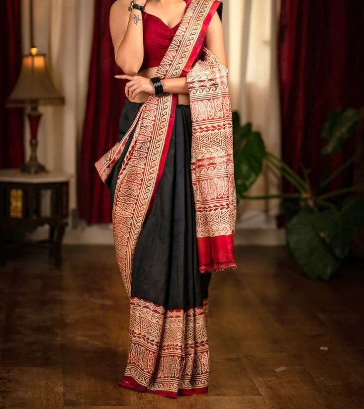 ATTRACATIVE BLACK RED COLOR  DIGITAL PRINTED LINEN SAREE