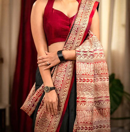 ATTRACATIVE BLACK RED COLOR  DIGITAL PRINTED LINEN SAREE