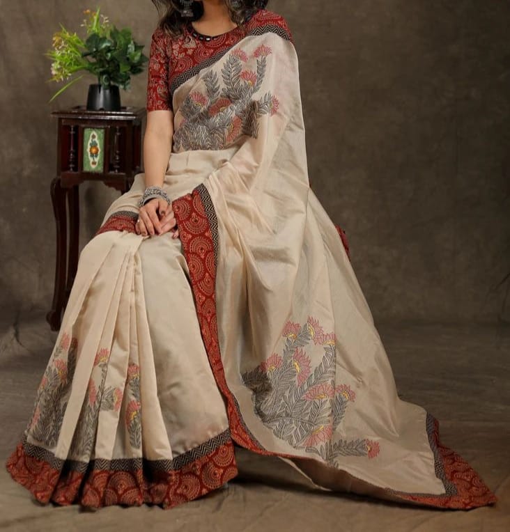 ELEGENT CREAM COLOUR DIGITAL PRINTED LINEN SAREE