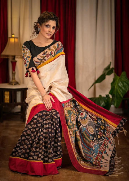 ATTRACATIVE  KALAMKARI  DIGITAL PRINTED LINEN SAREE