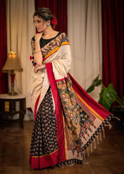 ATTRACATIVE  KALAMKARI  DIGITAL PRINTED LINEN SAREE