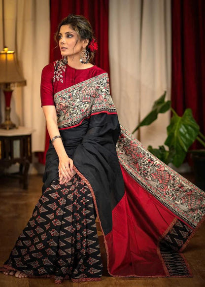 ATTRACATIVE KALAMKARI  RED BLACK DIGITAL PRINTED LINEN SAREE