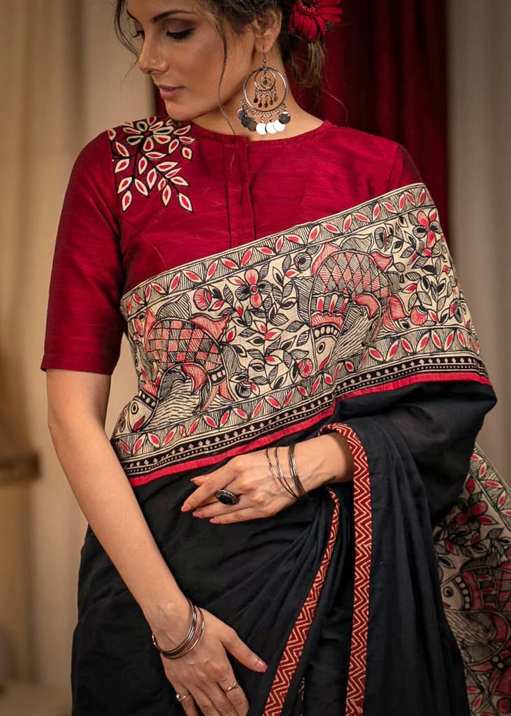 ATTRACATIVE KALAMKARI  RED BLACK DIGITAL PRINTED LINEN SAREE