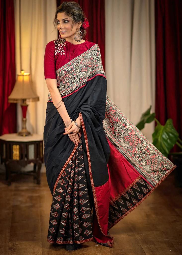 ATTRACATIVE KALAMKARI  RED BLACK DIGITAL PRINTED LINEN SAREE