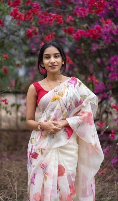 WHITE AND RED COLOR DIGITAL PRINTED LINEN SAREE