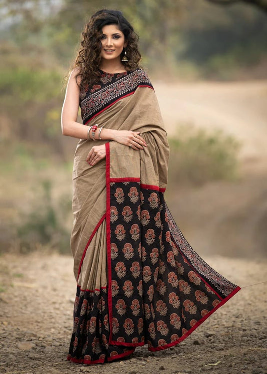 BEIGE COLOR DIGITAL PRINTED LINEN SAREE