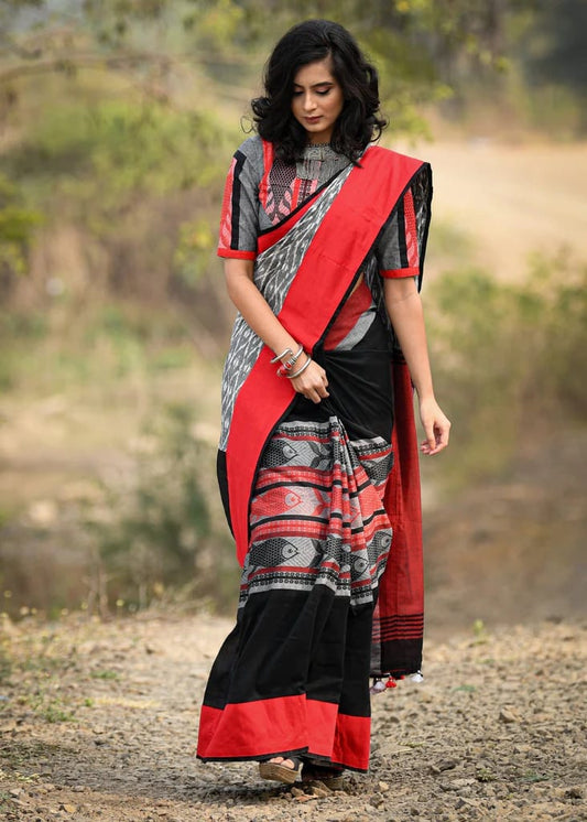 RED BLACK  DIGITAL PRINTED LINEN SAREE